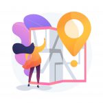 Journey route planning. City travel, urban tourism, cartography idea. Girl navigating with paper map cartoon character. Old fashioned orientation tool. Vector isolated concept metaphor illustration